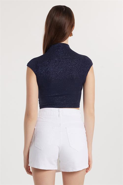 Kadın Slim Fit Dar Kesim Lastikli Kısa Kol Lacivert Bisiklet Yaka Bluz