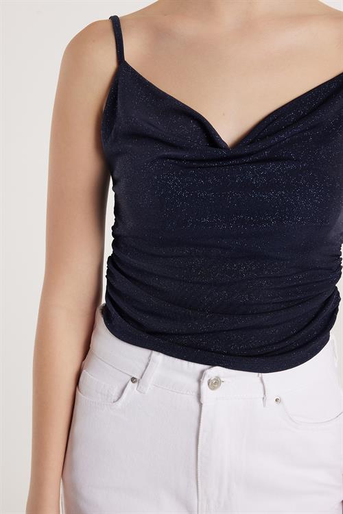Kadın Slim Fit Dar Kesim İnce Askılı Lacivert Bluz