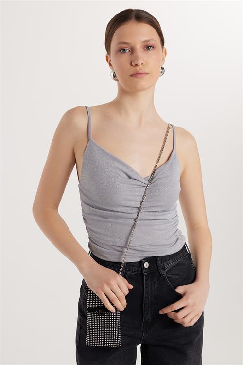 Kadın Slim Fit Dar Kesim İnce Askılı Gri Bluz