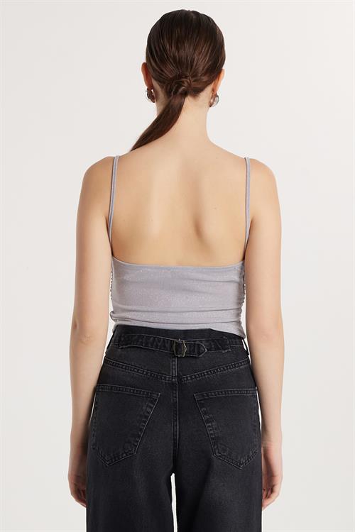 Kadın Slim Fit Dar Kesim İnce Askılı Gri Bluz