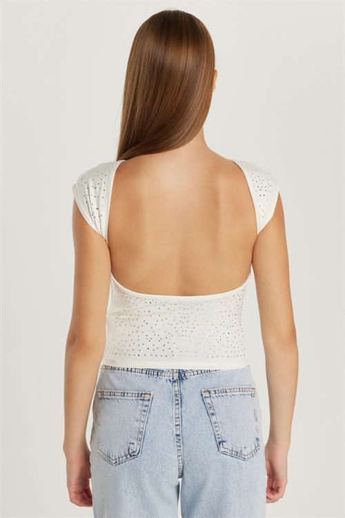 Kadın Slim Fit Dar Kesim Sırt Detaylı Bisiklet Yaka Ekru Tişört