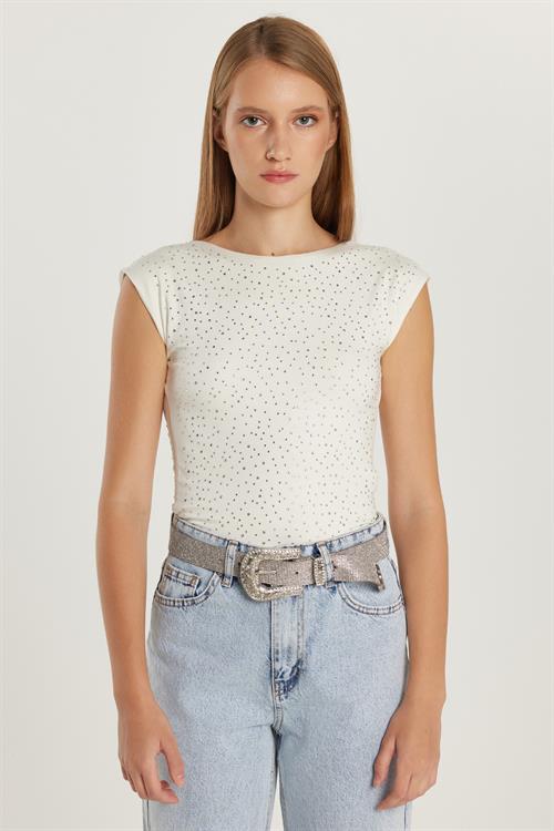 Kadın Slim Fit Dar Kesim Sırt Detaylı Bisiklet Yaka Ekru Tişört