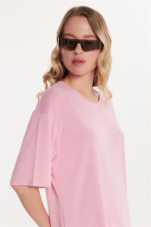 Kadın Modal Kumaş Regular Fit Kısa Kollu Bisiklet Yaka Pembe Tişört