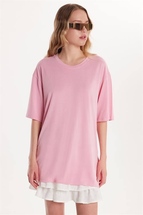 Kadın Modal Kumaş Regular Fit Kısa Kollu Bisiklet Yaka Pembe Tişört