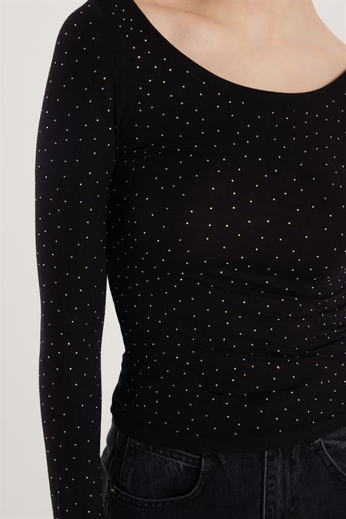 Kadın Modal Kumaş Slim Fit Dar Kesim Uzun Kollu U Yaka Siyah Bluz