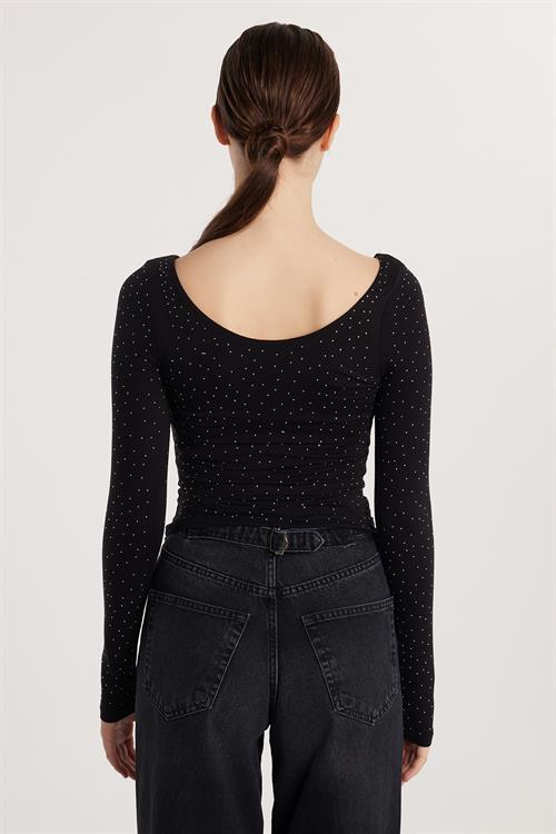 Kadın Modal Kumaş Slim Fit Dar Kesim Uzun Kollu U Yaka Siyah Bluz