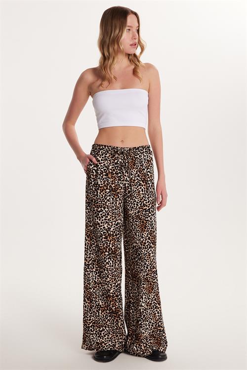 Kadın Slim Fit Dar Kesim Beli Lastikli Bağlamalı Leopar Desenli Pantolon