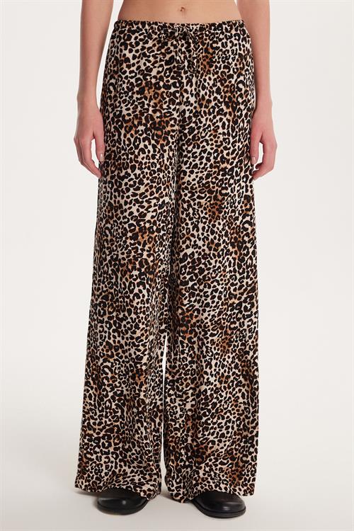 Kadın Slim Fit Dar Kesim Beli Lastikli Bağlamalı Leopar Desenli Pantolon