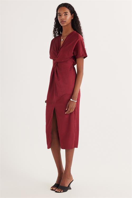 Kadın Slim Fit Dar Kesim Kısa Kollu V Yaka Bordo Elbise