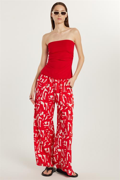 Kadın Regular Fit Beli Bağcıklı Geniş Paça Baskılı Pantolon