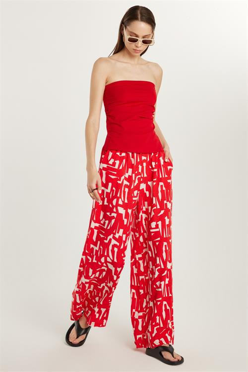 Kadın Regular Fit Beli Bağcıklı Geniş Paça Baskılı Pantolon