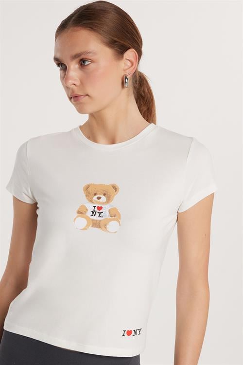 Kadın Modal Kumaş Slim Fit Dar Kesim Kısa Kollu Baskılı Ekru Tişört