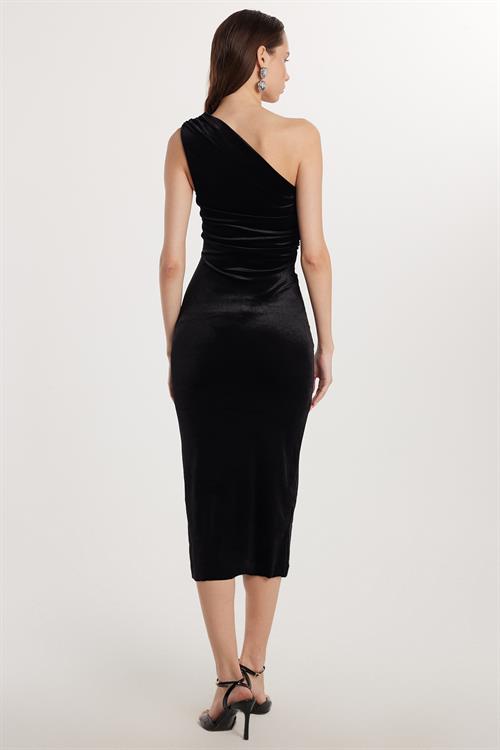 Slim Fit Dar Kesim Tek Omuz Detaylı Midi Boy Siyah Elbise