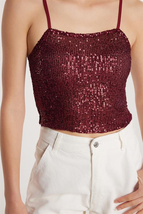 Kadın Slim Fit Dar Kesim Bordo Sıfır Kol U Yaka Bluz