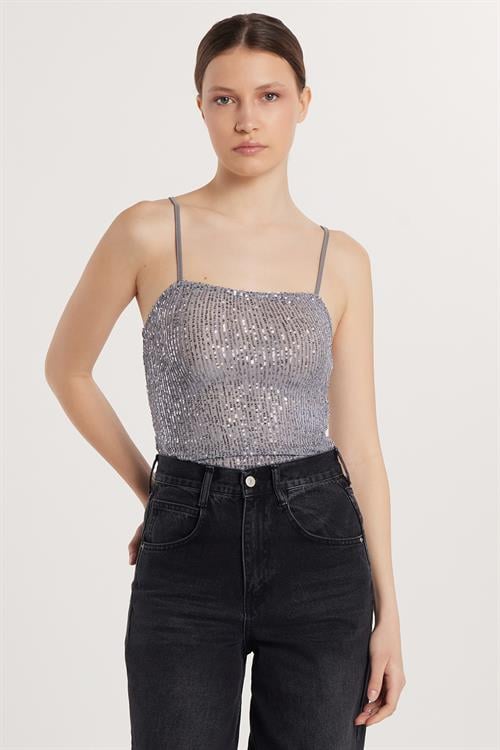 Kadın Slim Fit Dar Kesim Gri Sıfır kol U Yaka Bluz