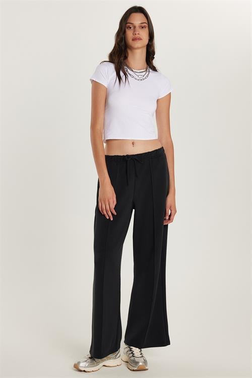 Kadın Modal Kumaş Slim Fit Dar Kesim Beli Lastikli Bağcıklı Siyah Pantolon