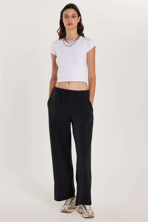 Kadın Modal Kumaş Slim Fit Dar Kesim Beli Lastikli Bağcıklı Siyah Pantolon