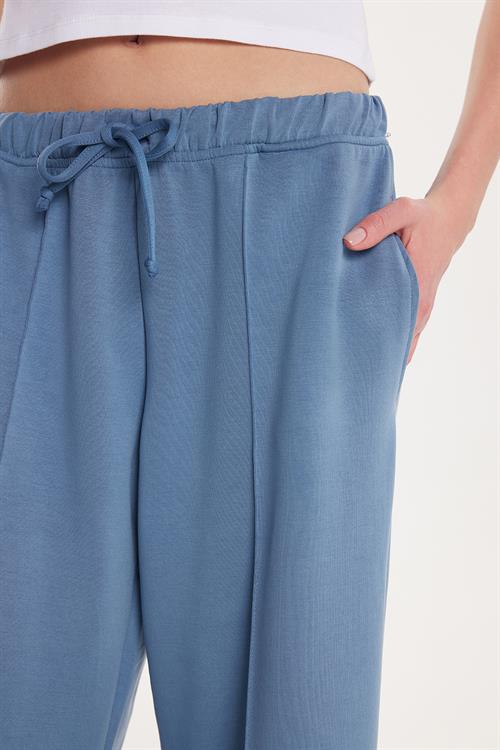 Kadın Modal Kumaş Slim Fit Dar Kesim Beli Lastikli Bağcıklı Mavi Pantolon