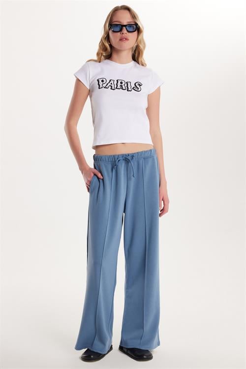 Kadın Modal Kumaş Slim Fit Dar Kesim Beli Lastikli Bağcıklı Mavi Pantolon