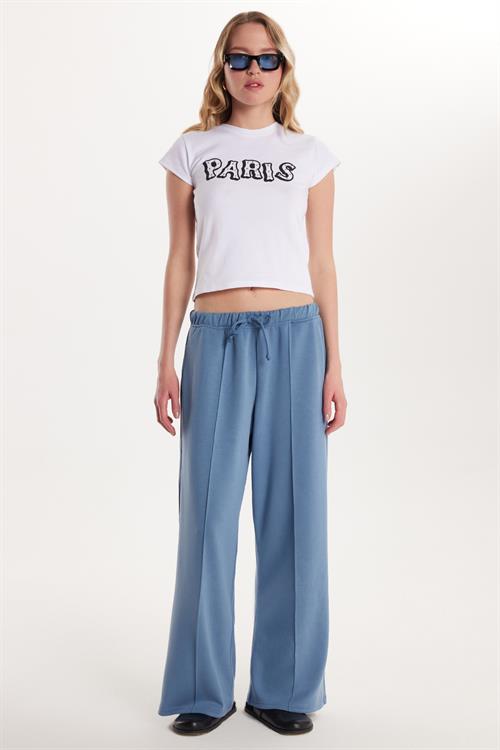 Kadın Modal Kumaş Slim Fit Dar Kesim Beli Lastikli Bağcıklı Mavi Pantolon
