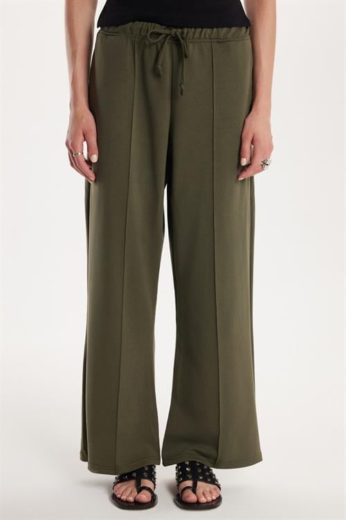 Kadın Modal Kumaş Slim Fit Dar Kesim Beli Lastikli Bağcıklı Haki Pantolon
