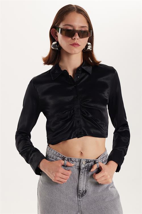 Kadın Slim Fit Dar Kesim Uzun Kollu  Klasik Yaka Siyah Gömlek