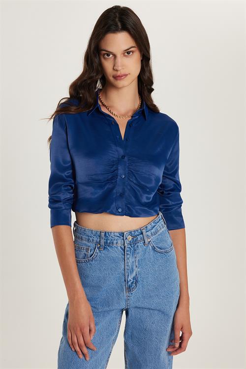 Kadın Slim Fit Dar Kesim Uzun Kollu  Klasik Yaka Lacivert Gömlek