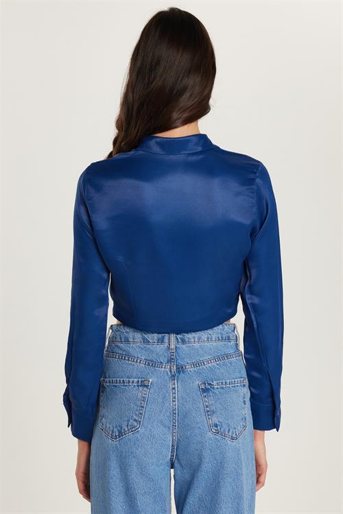 Kadın Slim Fit Dar Kesim Uzun Kollu  Klasik Yaka Lacivert Gömlek