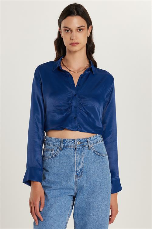 Kadın Slim Fit Dar Kesim Uzun Kollu  Klasik Yaka Lacivert Gömlek