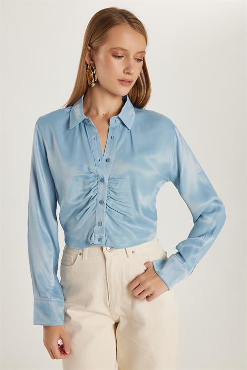 Kadın Slim Fit Dar Kesim Uzun Kollu  Klasik Yaka Mavi Gömlek