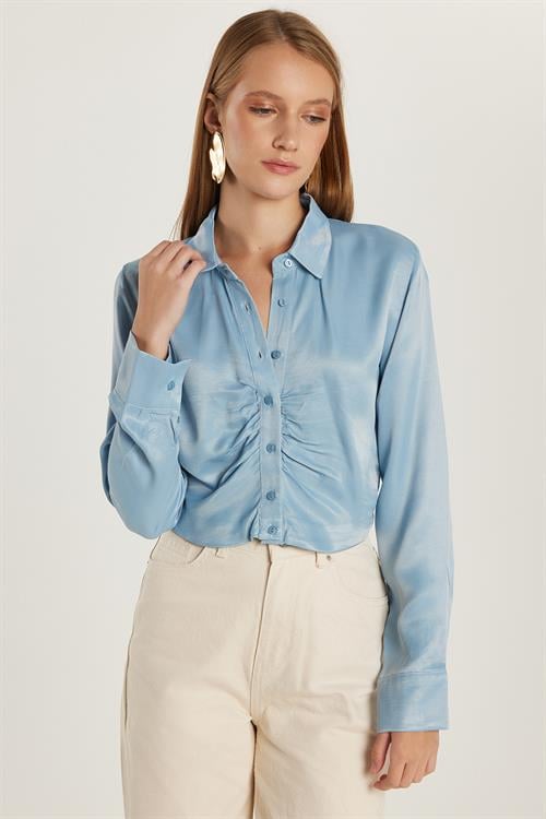 Kadın Slim Fit Dar Kesim Uzun Kollu  Klasik Yaka Mavi Gömlek