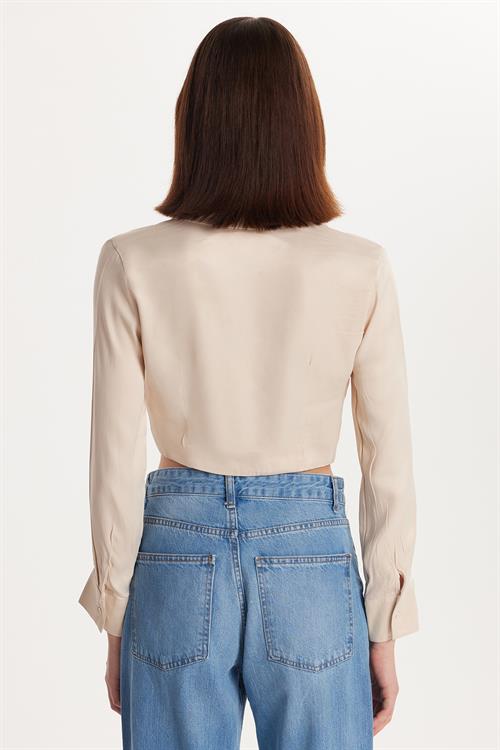 Kadın Slim Fit Dar Kesim Uzun Kollu  Klasik Yaka Taş Rengi Gömlek