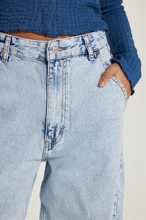 Kadın Regular Fit Yan Cepli Baggy Balon Mavi Jean Kot Pantolon