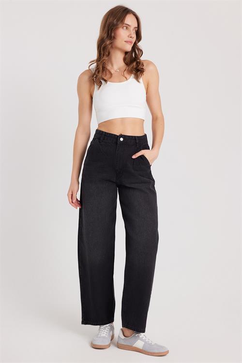 Kadın Regular Fit Yan Cepli Baggy Balon Siyah Jean Kot Pantolon