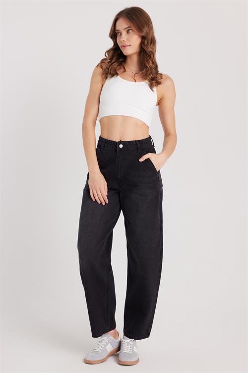 Kadın Regular Fit Yan Cepli Baggy Balon Siyah Jean Kot Pantolon