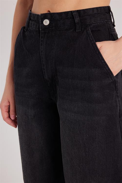 Kadın Regular Fit Yan Cepli Baggy Balon Siyah Jean Kot Pantolon