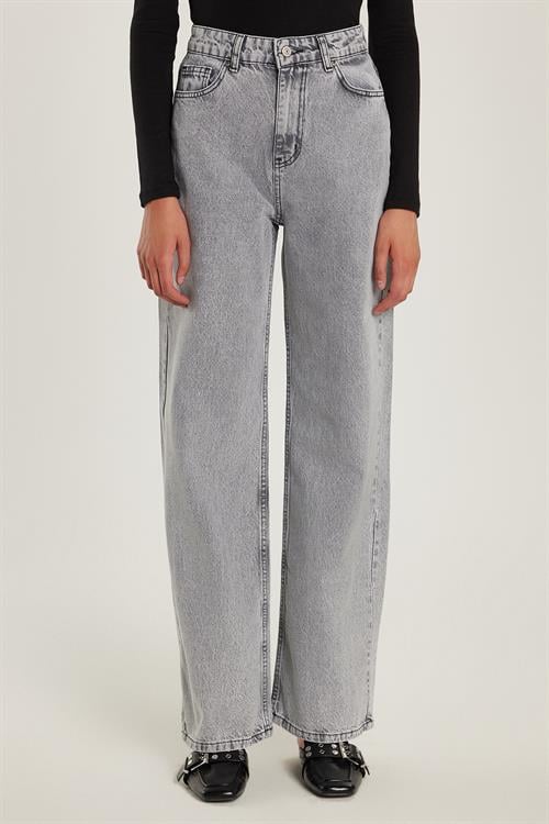 Kadın Regular Fit %100 Pamuk Bol Paça Gri Jean Kot Pantolon