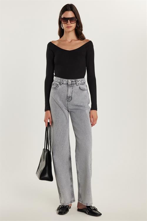 Kadın Regular Fit %100 Pamuk Bol Paça Gri Jean Kot Pantolon