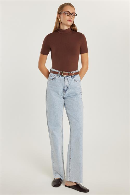 Kadın Regular Fit Cepli Geniş Paça Açık Mavi Jean Kot Pantolon