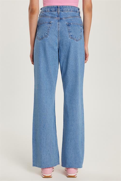 Kadın Regular Fit Cepli Geniş Paça Mavi Jean Kot Pantolon