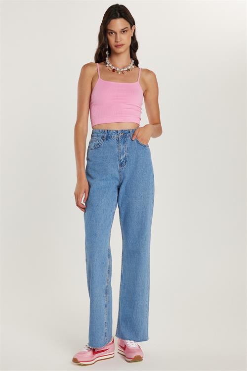 Kadın Regular Fit Cepli Geniş Paça Mavi Jean Kot Pantolon