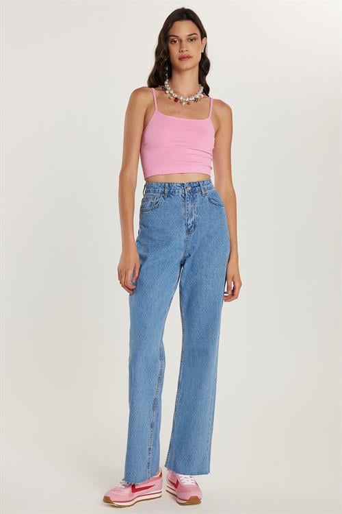 Kadın Regular Fit Cepli Geniş Paça Mavi Jean Kot Pantolon