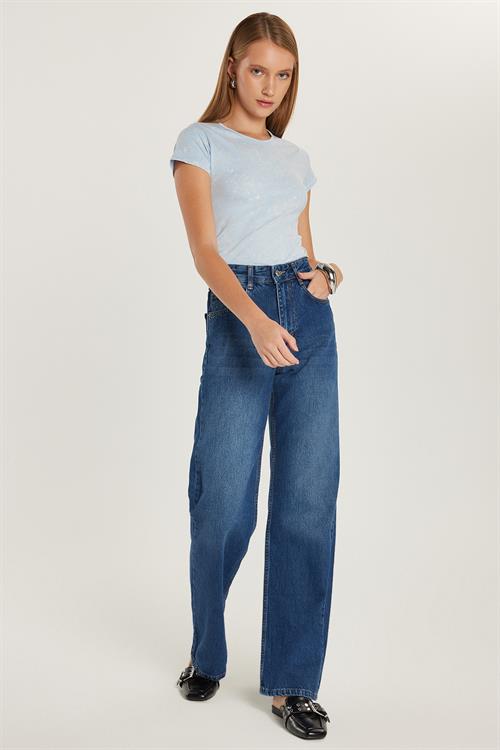 Kadın Regular Fit Geniş Paça Mavi Jean Kot Pantolon