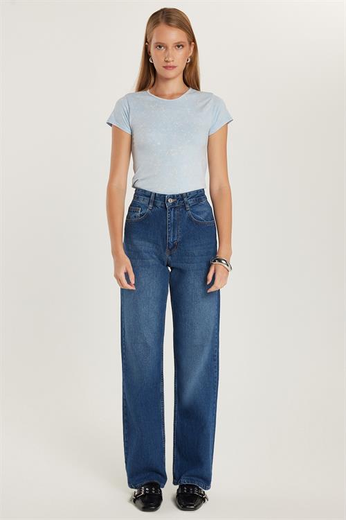 Kadın Regular Fit Geniş Paça Mavi Jean Kot Pantolon