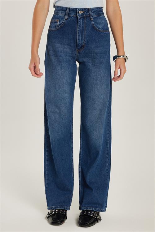 Kadın Regular Fit Geniş Paça Mavi Jean Kot Pantolon