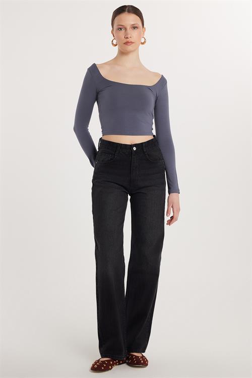 Kadın Regular Fit Geniş Paça Füme Jean Kot Pantolon