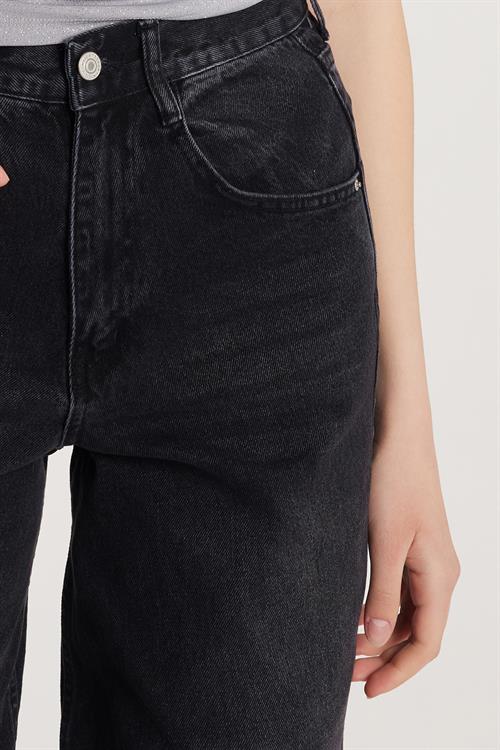 Kadın Regular Fit Tokalı Geniş Paça Baggy Jean Kot Füme Pantolon