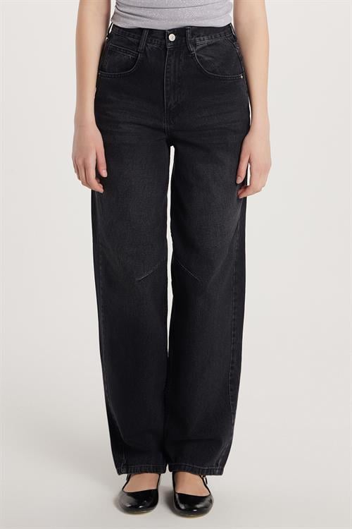 Kadın Regular Fit Tokalı Geniş Paça Baggy Jean Kot Füme Pantolon