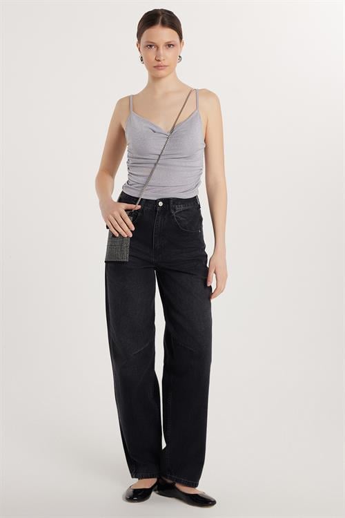 Kadın Regular Fit Tokalı Geniş Paça Baggy Jean Kot Füme Pantolon
