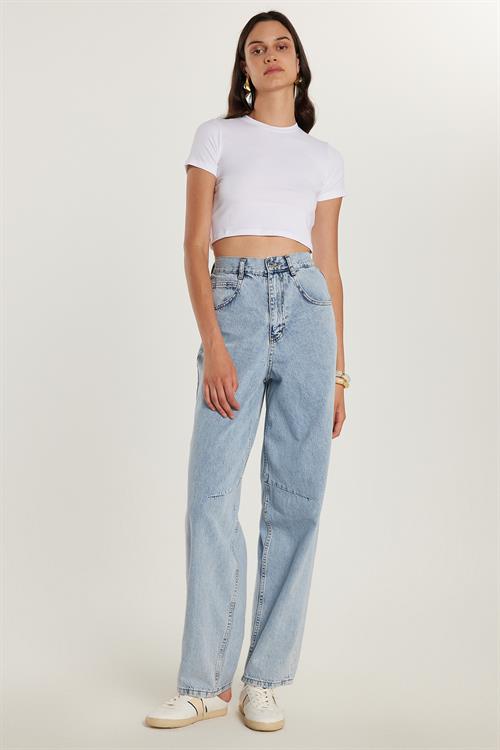 Kadın Regular Fit Tokalı Geniş Paça Baggy Mavi Jean Kot Pantolon